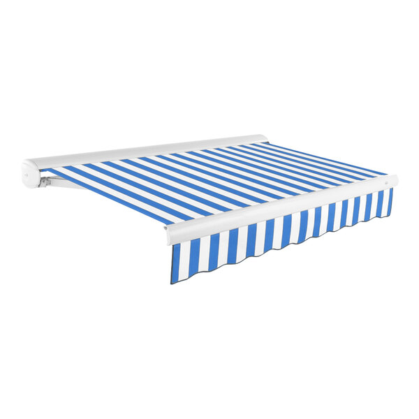 An Awntech Key West blue and white striped awning with protective hood.