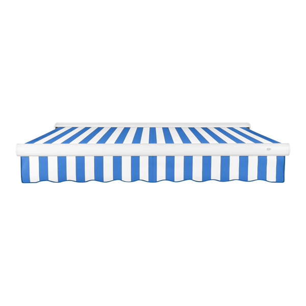 An Awntech Key West blue and white striped awning with a protective hood.