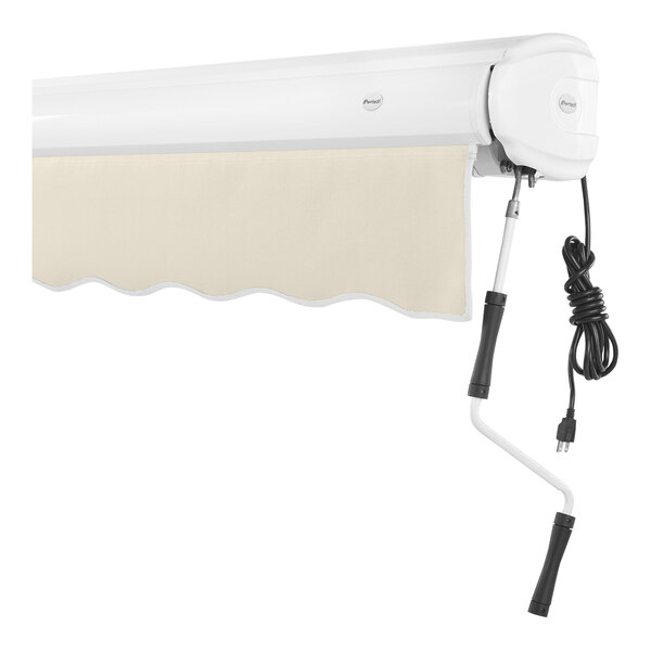 A white Awntech Key West retractable patio awning with a white and tan cord and protective hood.