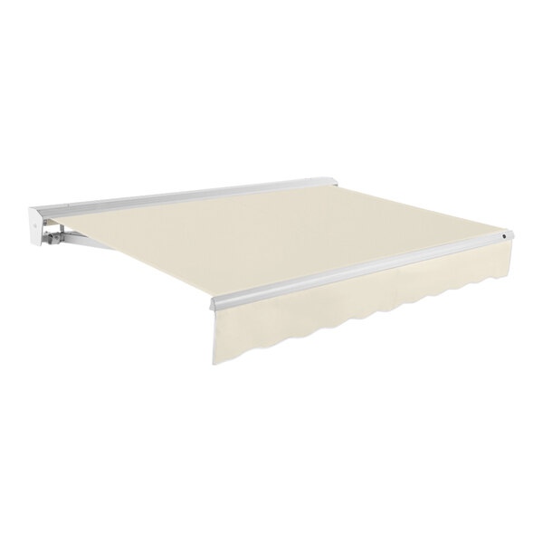 An Awntech linen retractable patio awning with a protective hood.