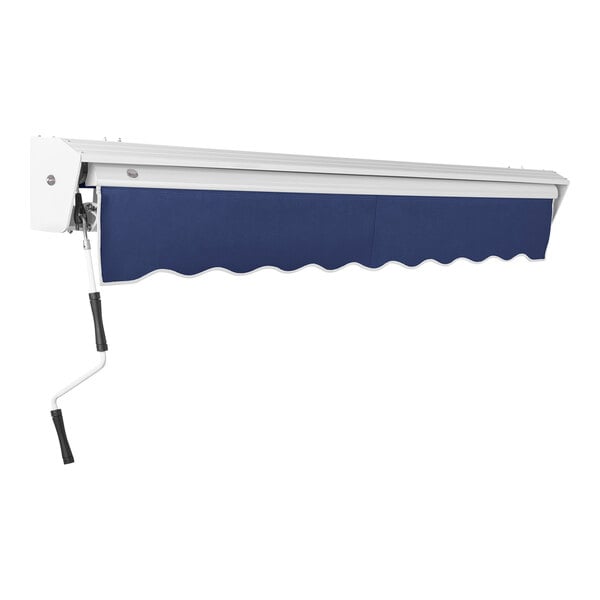 A navy blue Awntech Destin manual retractable awning over a white surface.