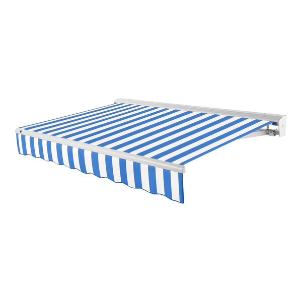 An Awntech Destin blue and white striped retractable patio awning.
