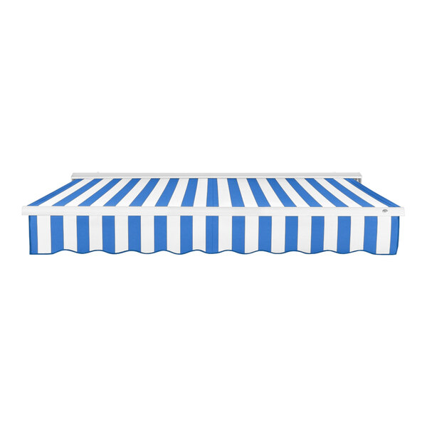 An Awntech Destin blue and white striped retractable awning with protective hood.