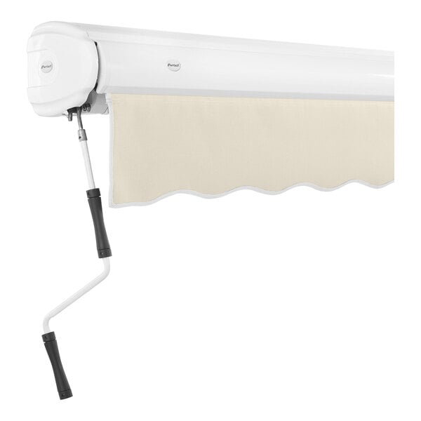 A white Awntech Key West retractable patio awning with a beige cloth covering.