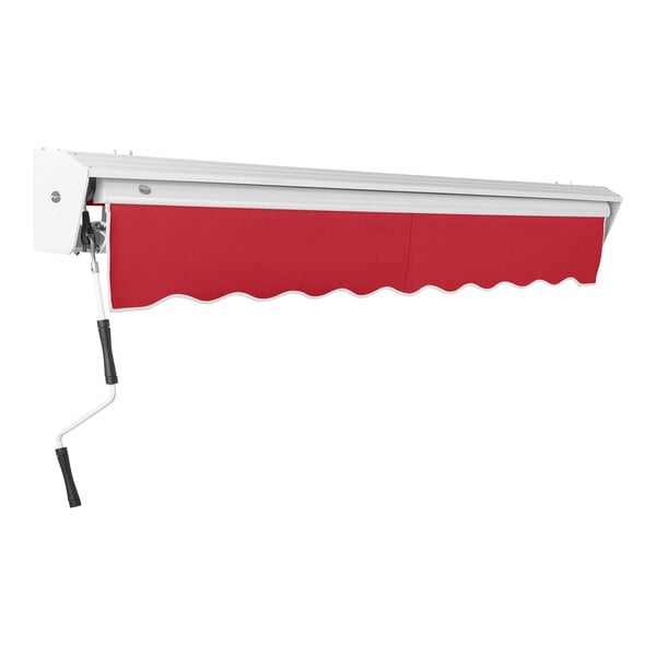 A red Awntech manual retractable patio awning with a black protective hood.