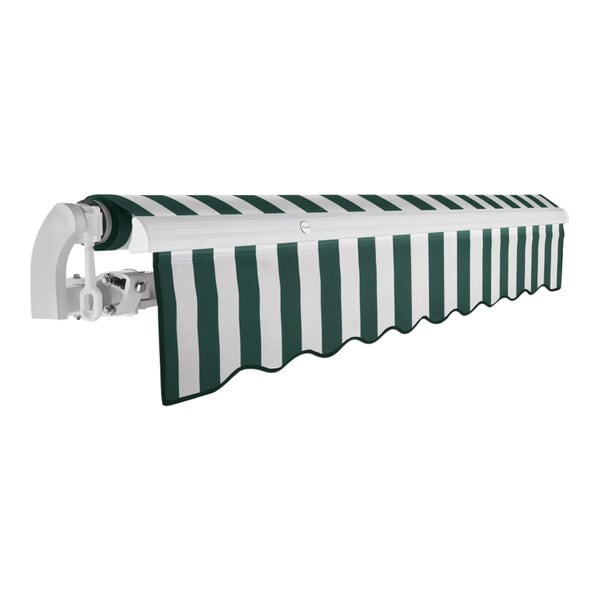 A green and white striped Awntech California retractable patio awning over a white background.