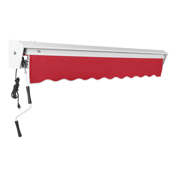 A red awning with a black protective hood and a black handle.