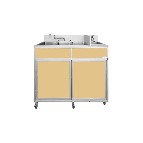 A Monsam maple portable self-contained sink with four basins and two doors.