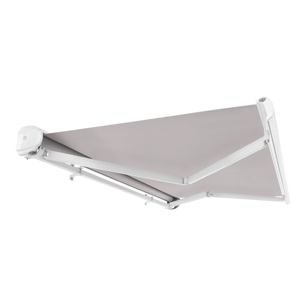 A grey awning with a white protective hood and frame.