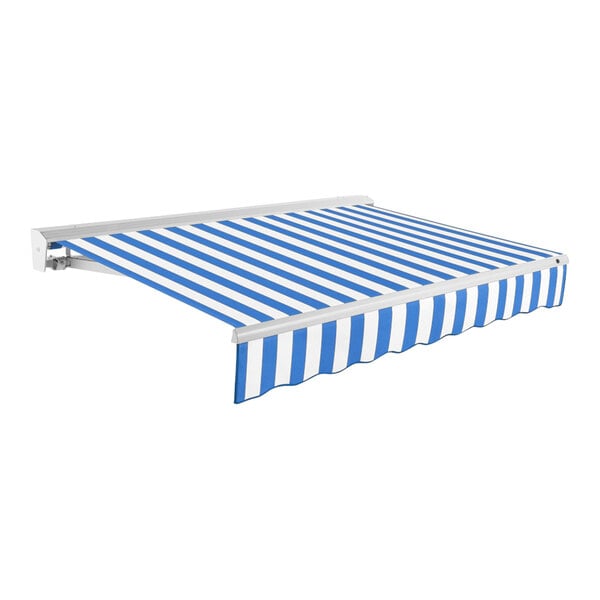 An Awntech Destin blue and white striped retractable patio awning with protective hood.
