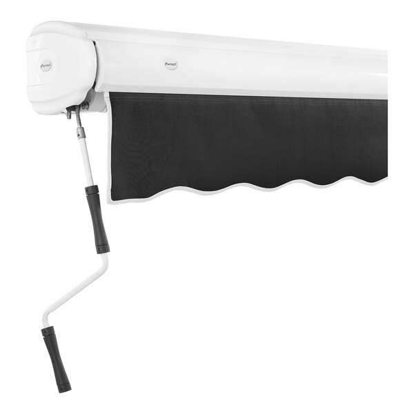 A black retractable awning with a white protective hood.