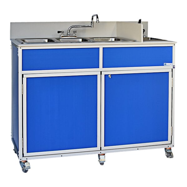 A blue and white Monsam portable sink with four basins.