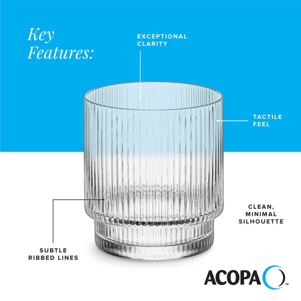 A clear 10 oz. rocks or old fashioned glass with subtle ribbed lines and a minimal silhouette.
