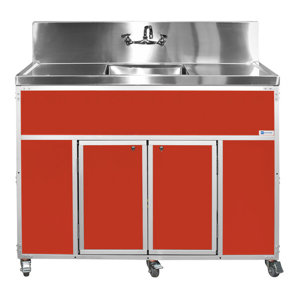 A red portable commercial sink with a single deep basin, two drainboards, and locking cabinet doors on wheels.