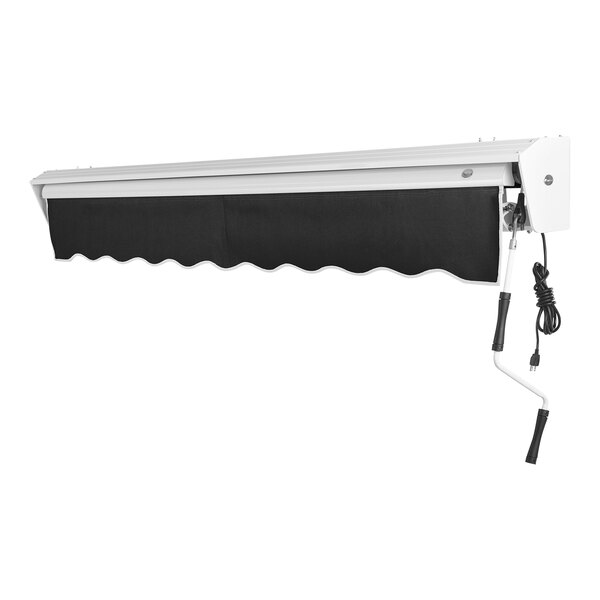 A black awning with a protective hood over a white patio.