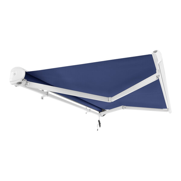 A blue and white Awntech Key West retractable patio awning with white protective hood and poles.