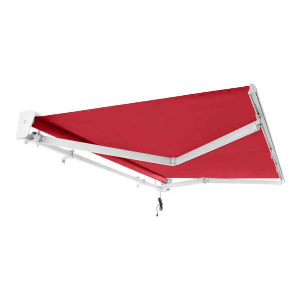 A red Awntech retractable patio awning with white frame.