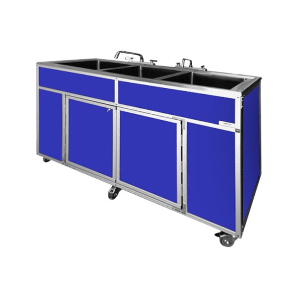 A blue Monsam portable commercial sink with three deep basins on a silver cart.