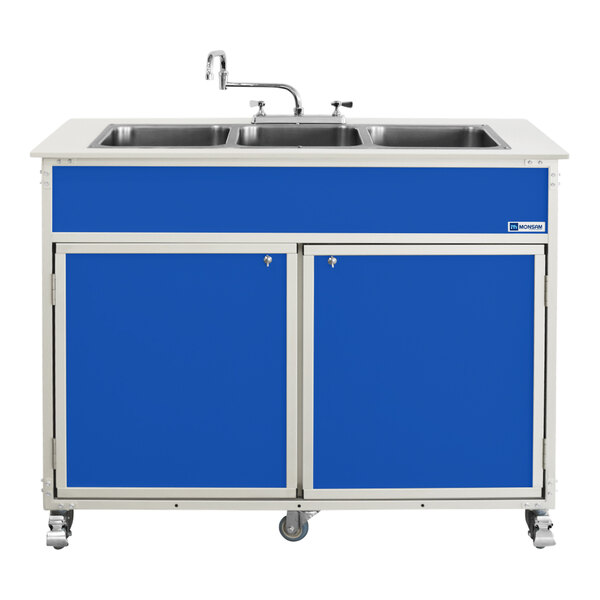 A blue Monsam portable commercial sink with three deep basins.