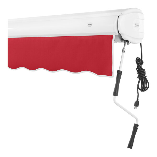 A red awning with a black cord.