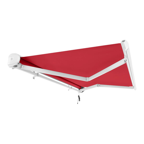 A red Awntech Key West retractable awning with white protective hood.