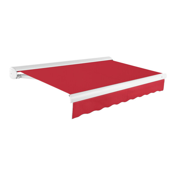 An Awntech Key West red awning with a white frame.