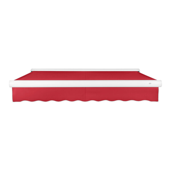 An Awntech Key West red awning with white trim.