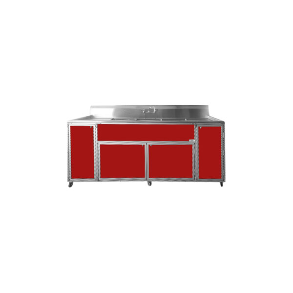 A red and silver portable commercial sink with three deep basins and two drainboards.