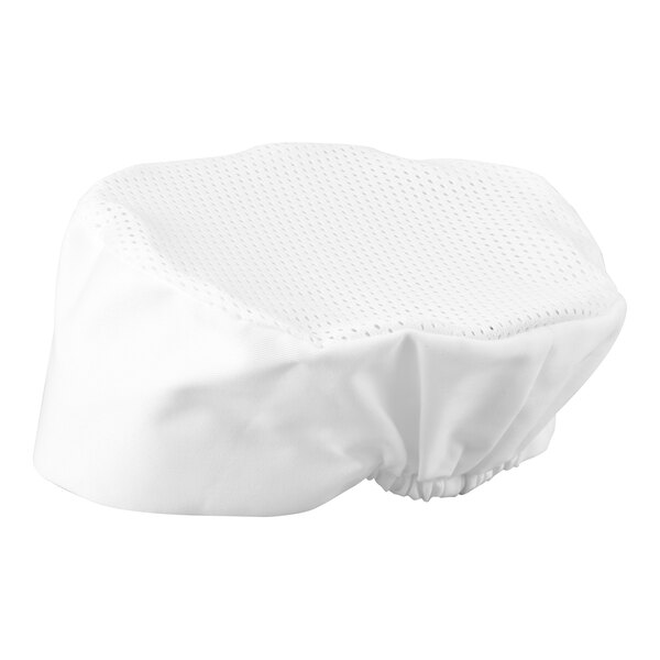 A white fabric cap with a mesh top and an elastic band at the base.