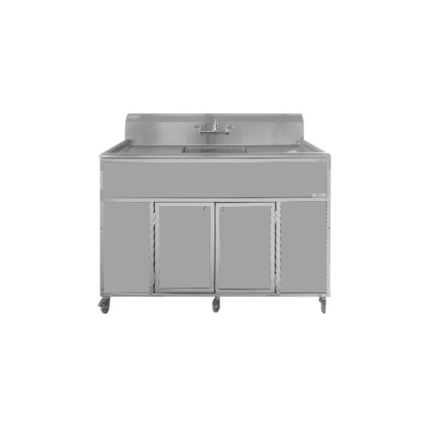 A Monsam gray portable sink with two drainboards on wheels.