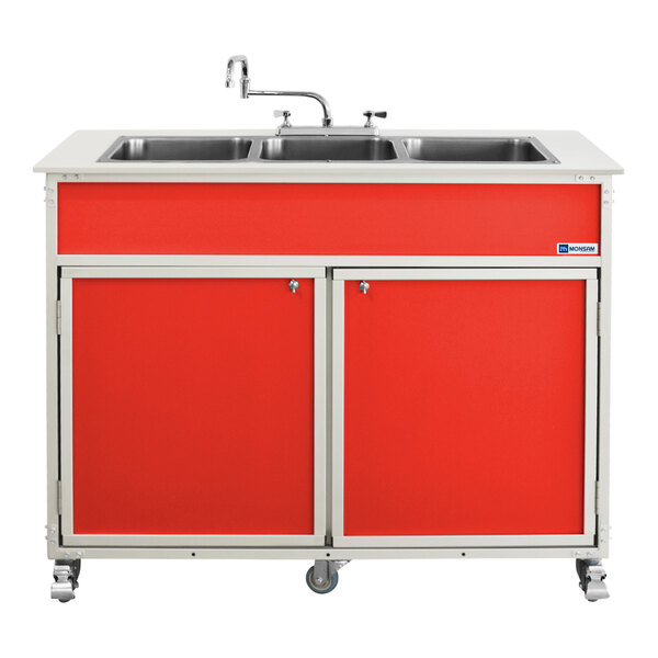 A red Monsam portable sink with three deep basins on wheels.