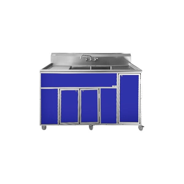 A stainless steel Monsam double basin portable sink with blue doors.