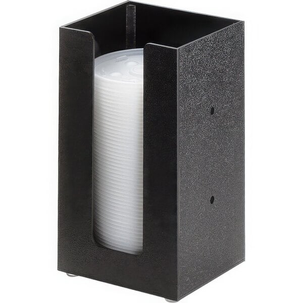 A black modular countertop lid holder with white containers inside.