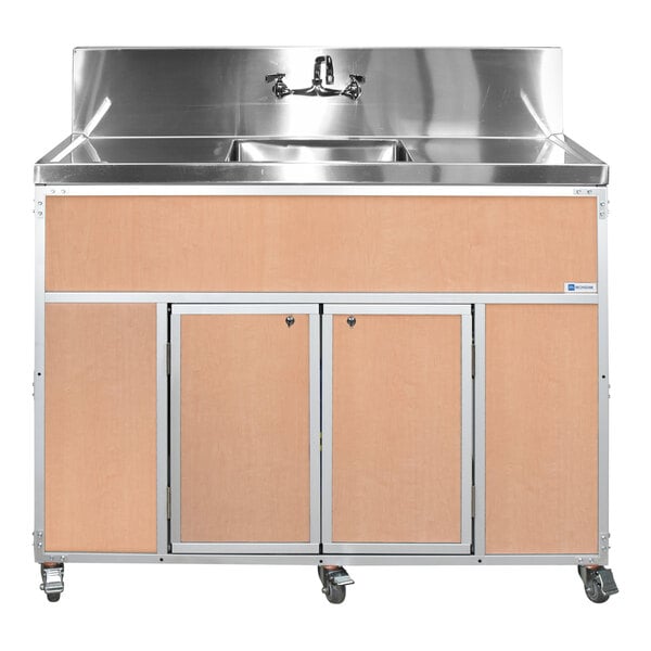 A portable commercial sink with a single deep basin, two drainboards, maple-colored panels, and locking caster wheels.