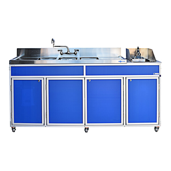 A blue Monsam portable sink with two stainless steel basins and drainboards.