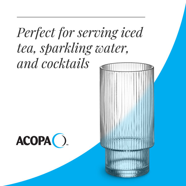 A clear, vertically ribbed highball glass designed for serving beverages such as iced tea, sparkling water, and cocktails.