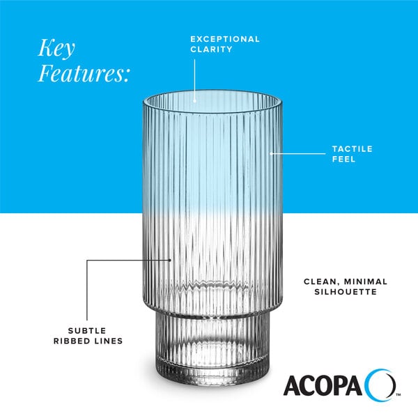 A clear, ribbed highball glass with a minimal silhouette and a 13 oz. capacity.