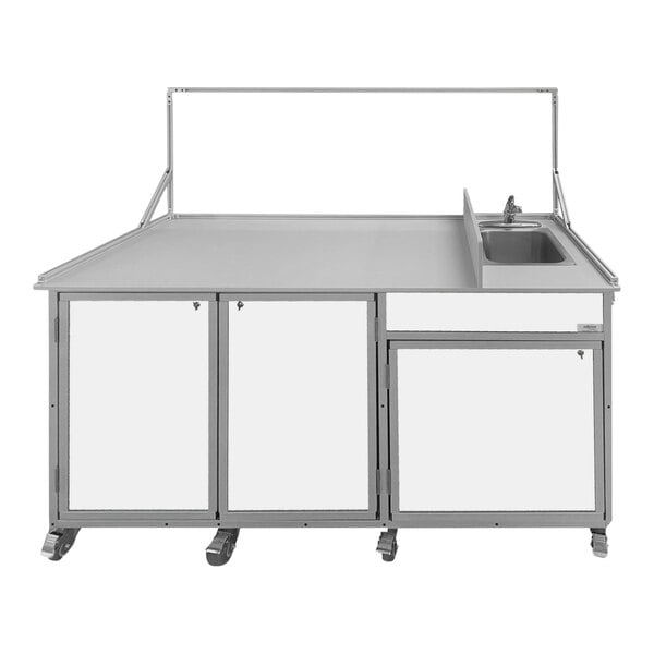 A white food service cart with portable self-contained sink.