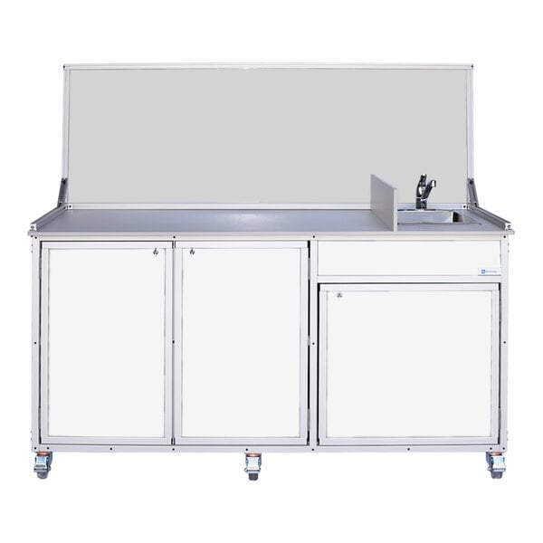 A white food service cart with a portable self-contained sink and storage cabinets.