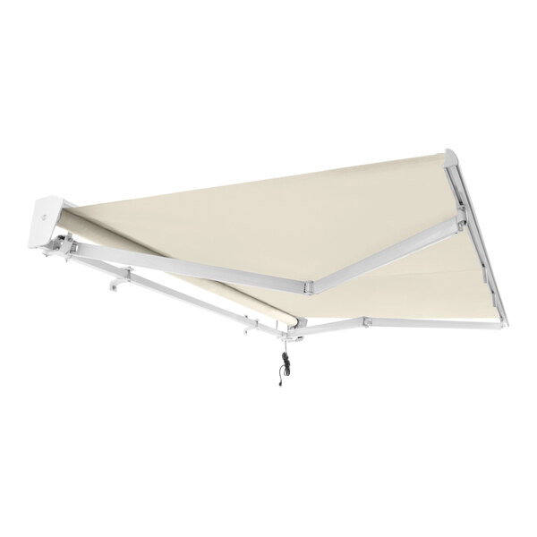An Awntech linen retractable patio awning with a white frame.