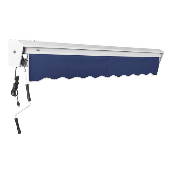 A navy blue Awntech retractable patio awning with a cord and protective hood.