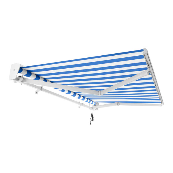 An Awntech blue and white striped retractable awning with protective hood.