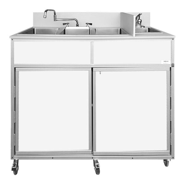 A white Monsam portable sink with four basins and cabinets on wheels.