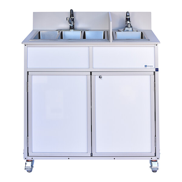 A white Monsam portable sink with four basins and faucets.