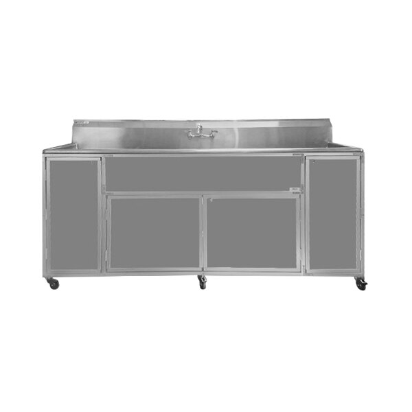 A gray Monsam portable sink with four deep basins and two drain boards on wheels.