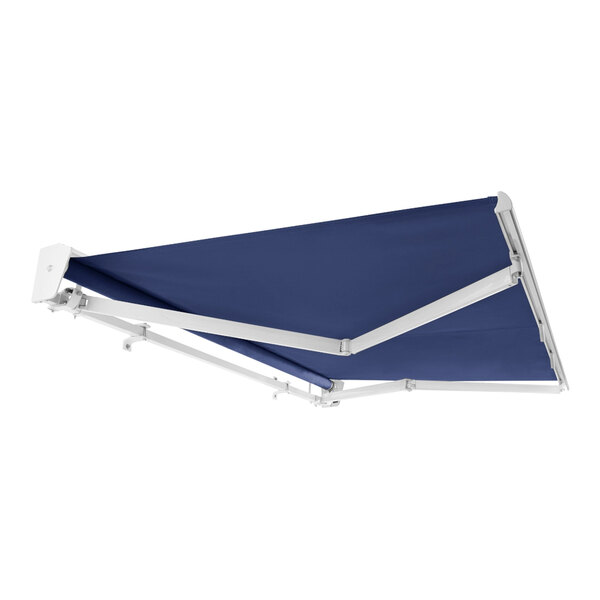 A navy blue Awntech patio awning with a metal frame and protective hood.