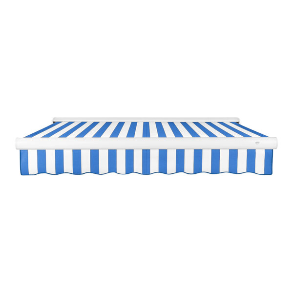 An Awntech Key West blue and white striped awning with a protective hood.