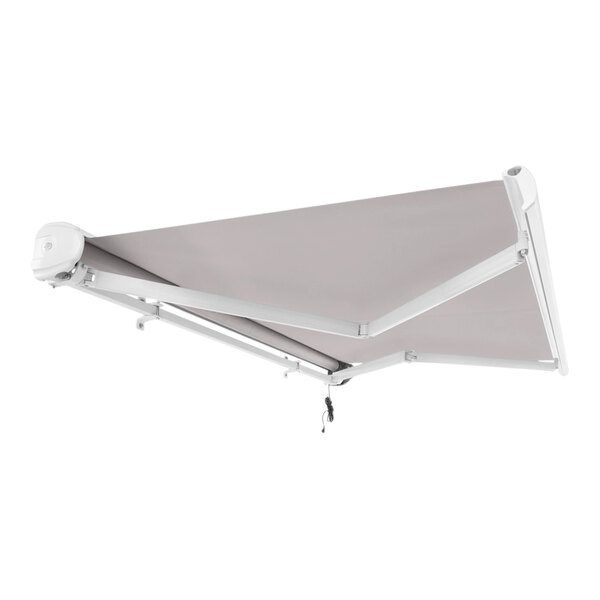 An Awntech gray retractable patio awning with a white protective hood.