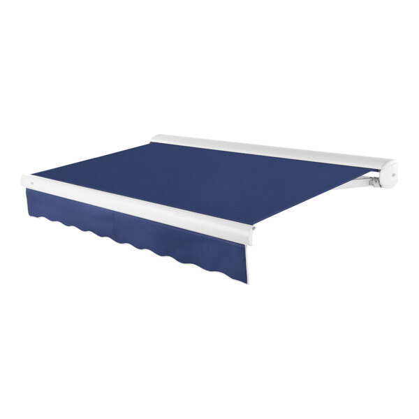 A navy blue Awntech Key West retractable patio awning with white trim.