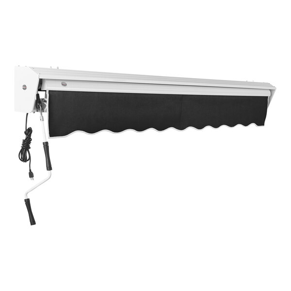 A black and white Awntech retractable patio awning with protective hood.